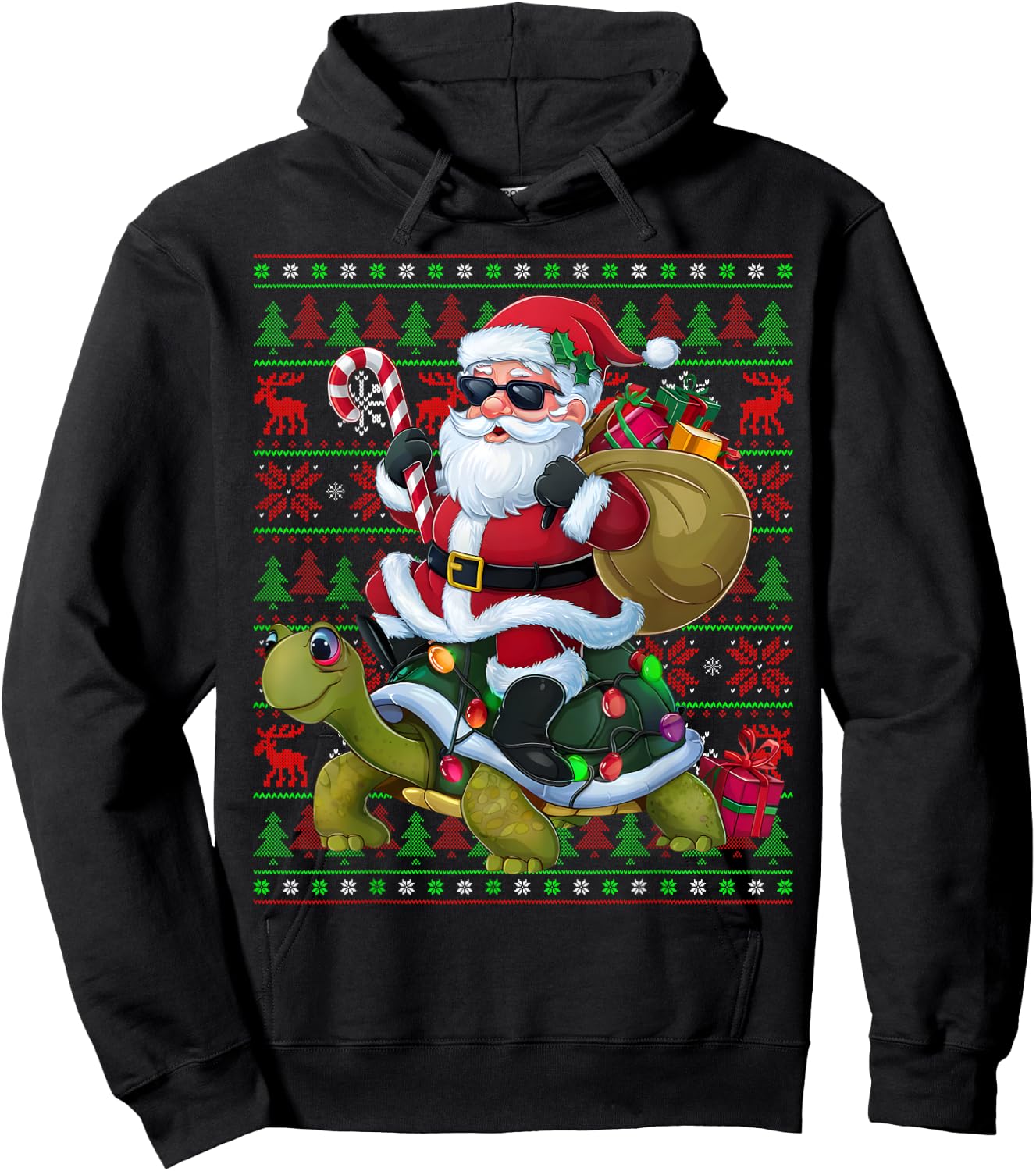 Ugly Xmas Lights Funny Santa Riding Turtle Christmas Hoodie - Hoodie | Black
