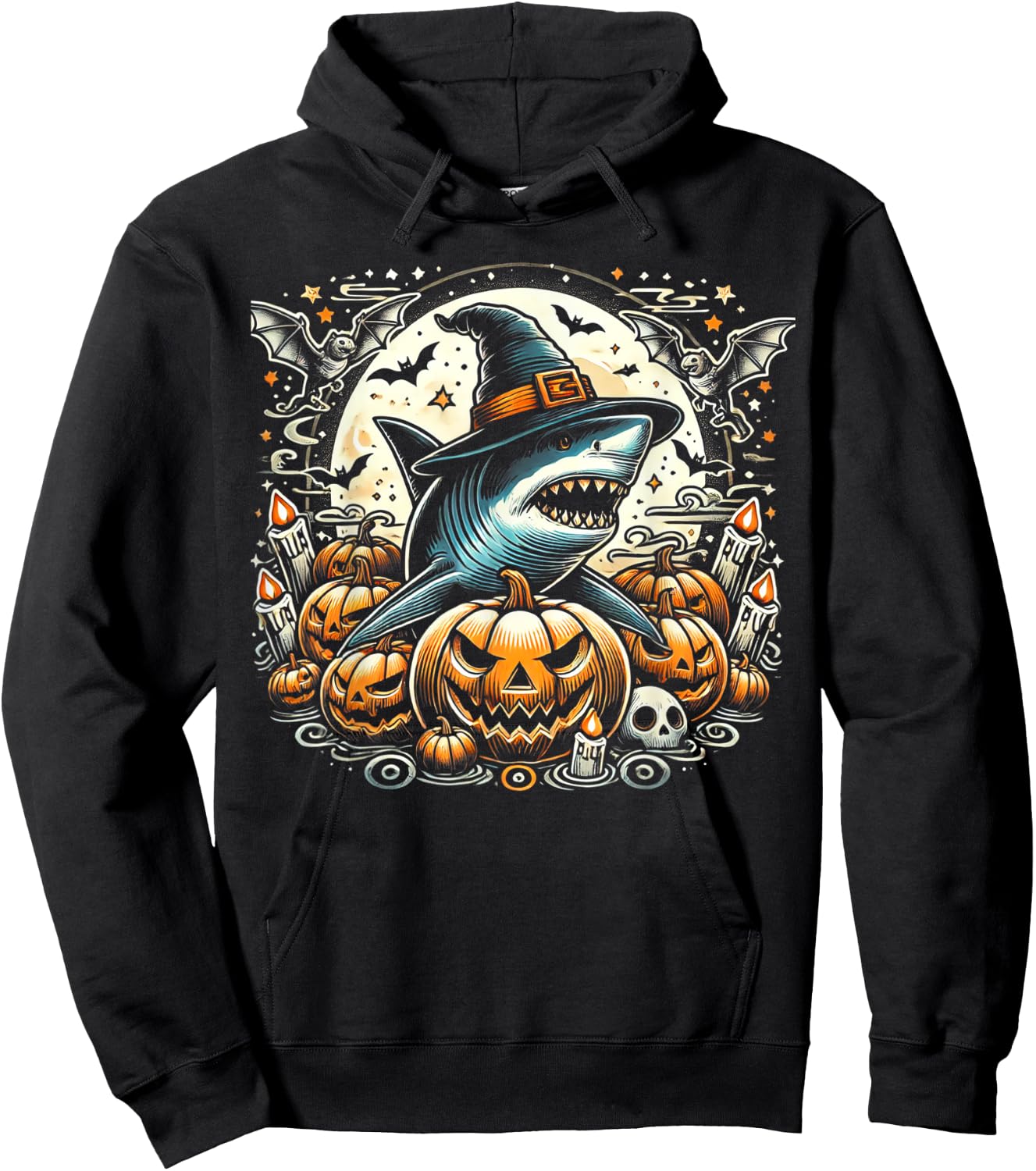 Shark Witch Halloween - Spooky Pumpkin Art Hoodie - Hoodie | Black