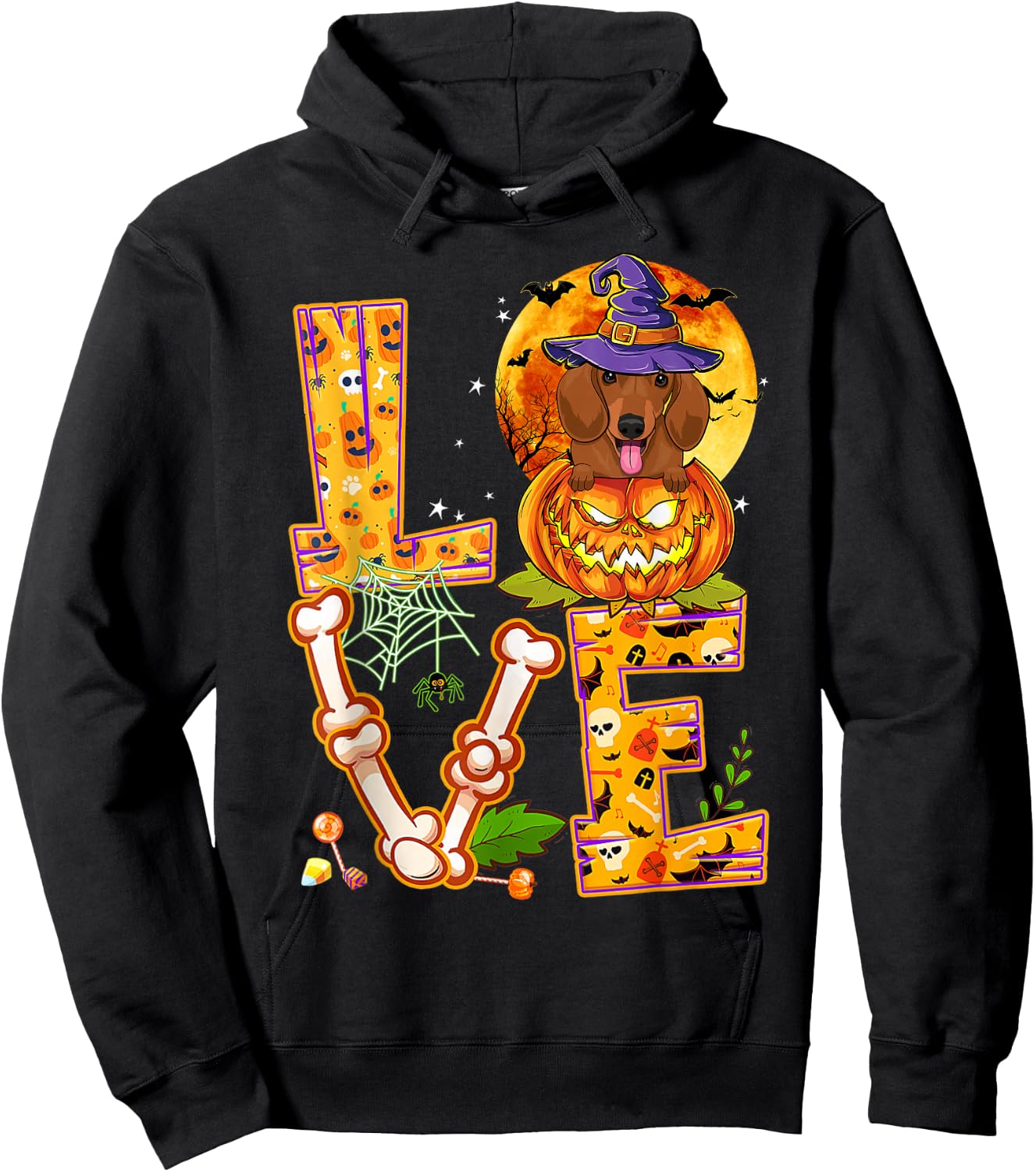 Love Dachshund Witch Pumpkin Scary Halloween Dog Lovers Hoodie - Hoodie | Black