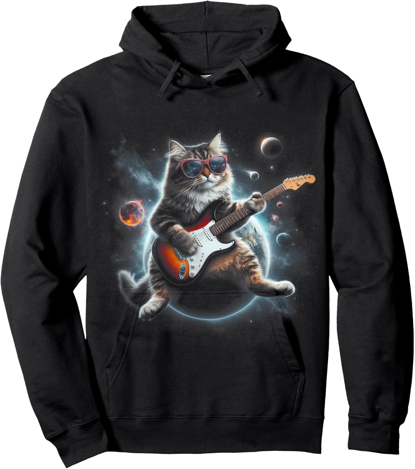 Rock Cat Playing Guitar Electric in space Funny kitty Galaxy Women Kids Hoodie - Hoodie | Black