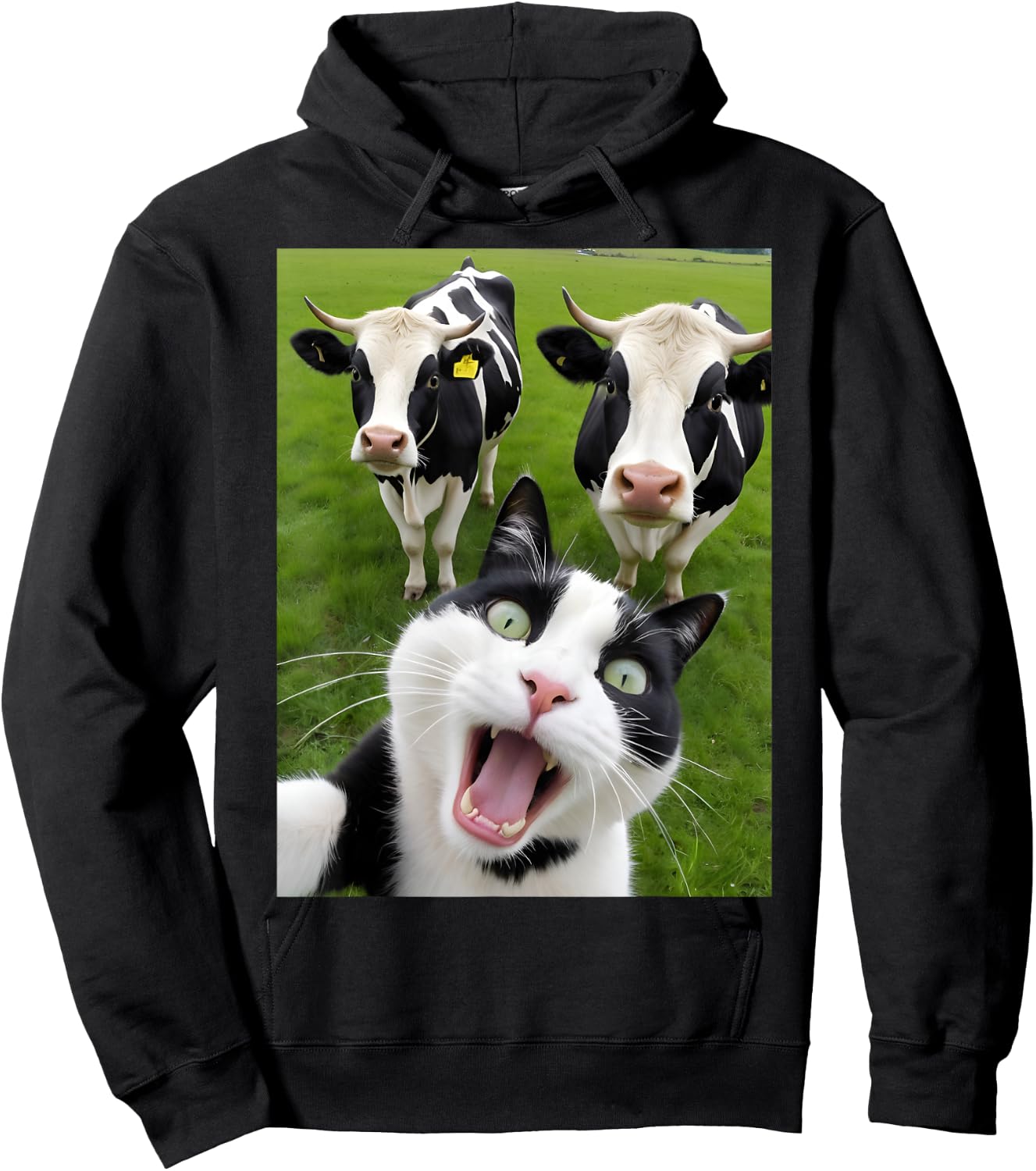 Funny Black And White Cat Cow Selfie Hoodie - Hoodie | Black