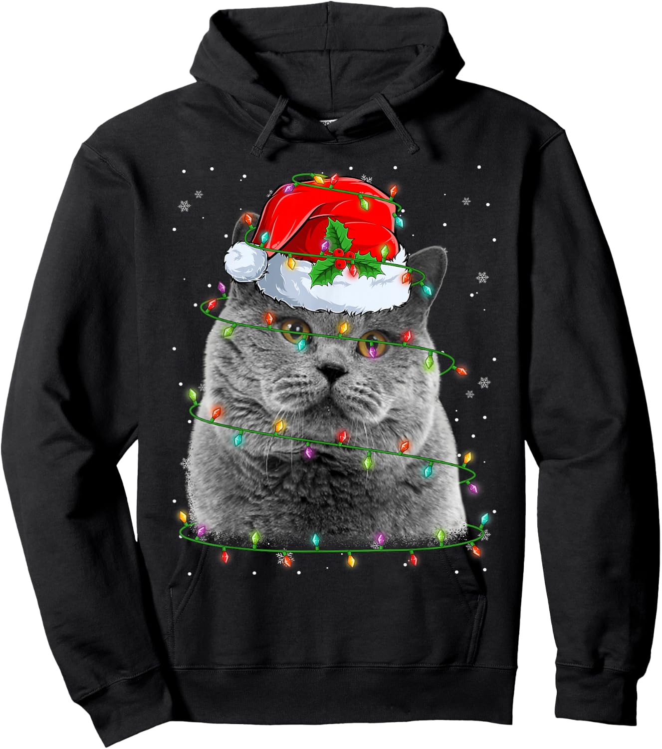 Funny British Shorthair Cat Santa Hat Christmas Tree Lights Hoodie - Hoodie | Black