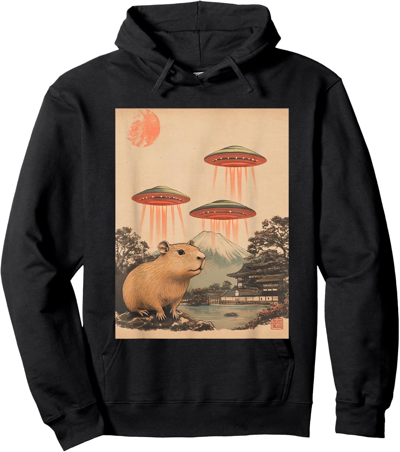 Vintage Japan Art Japanese Retro Print Capybara with UFOs Hoodie - Hoodie | Black