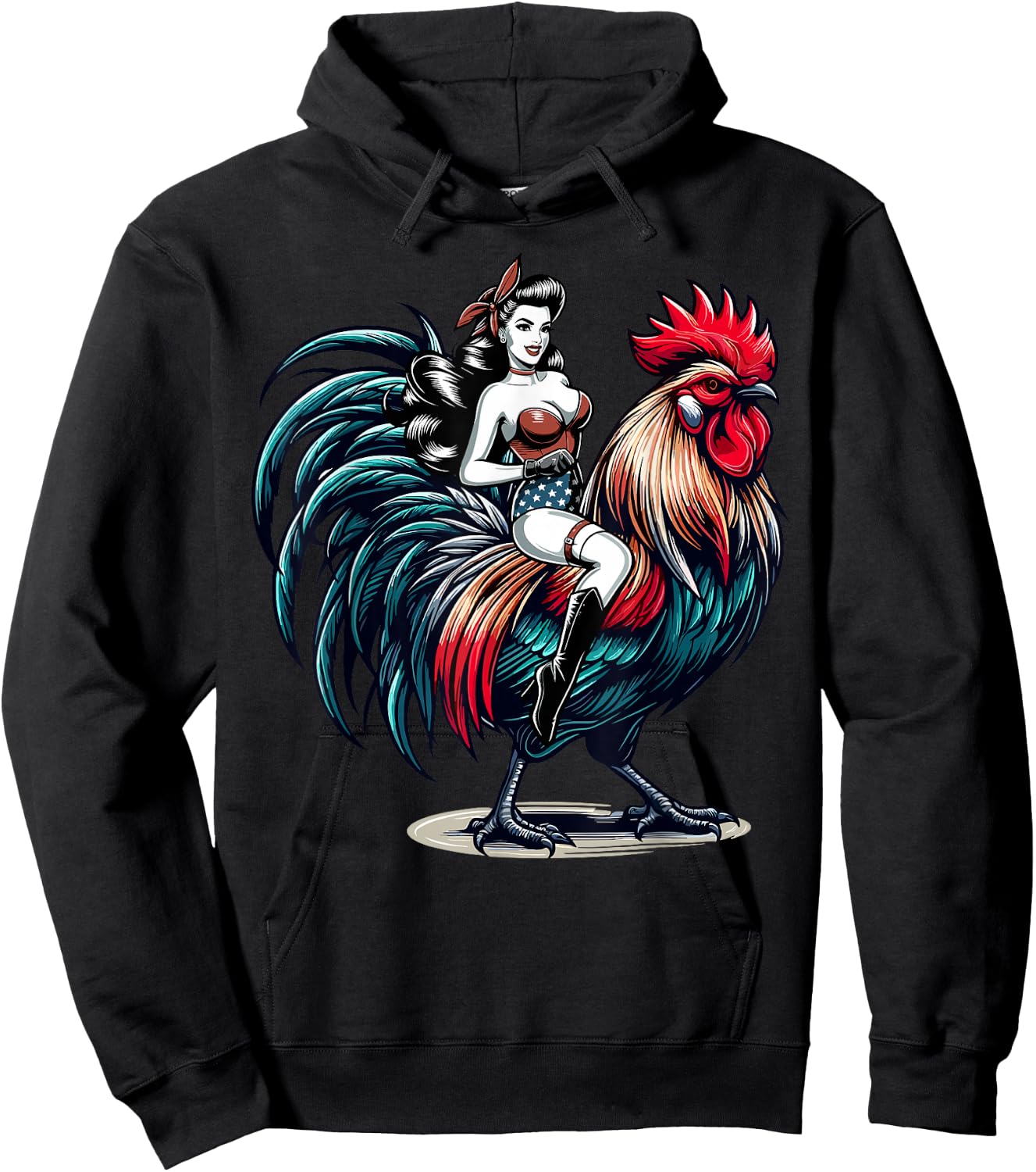 Pin-Up Girl Riding Rooster Vintage Patriotic Hoodie - Hoodie | Black
