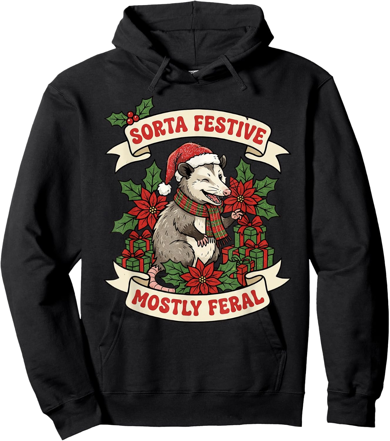 Sorta Festive Mostly Feral Opossum Funny Christmas Holiday Hoodie - Hoodie | Black