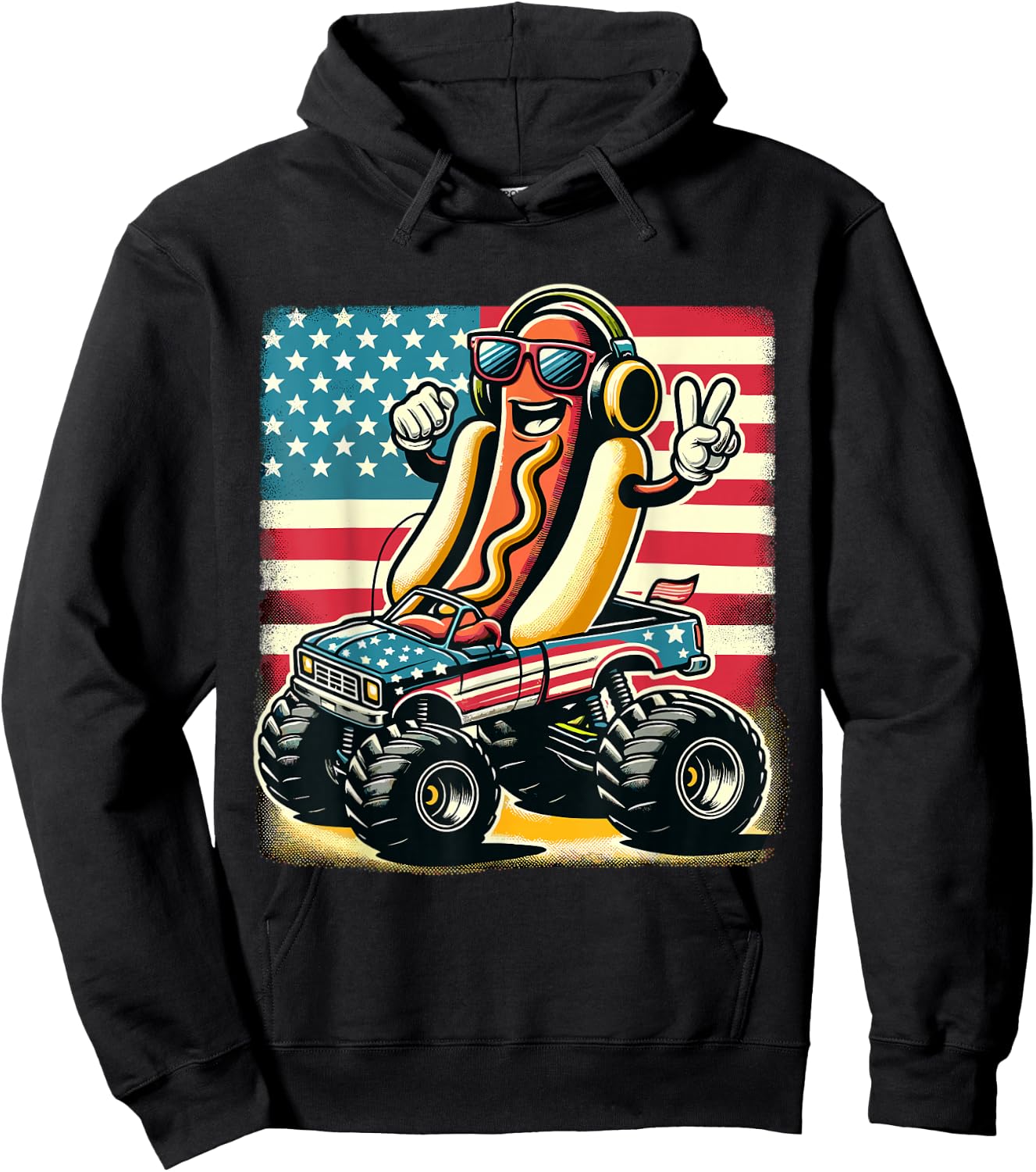 Monster Truck 4th Of July Hotdog Peace Sign American Flag Hoodie - Hoodie | Black