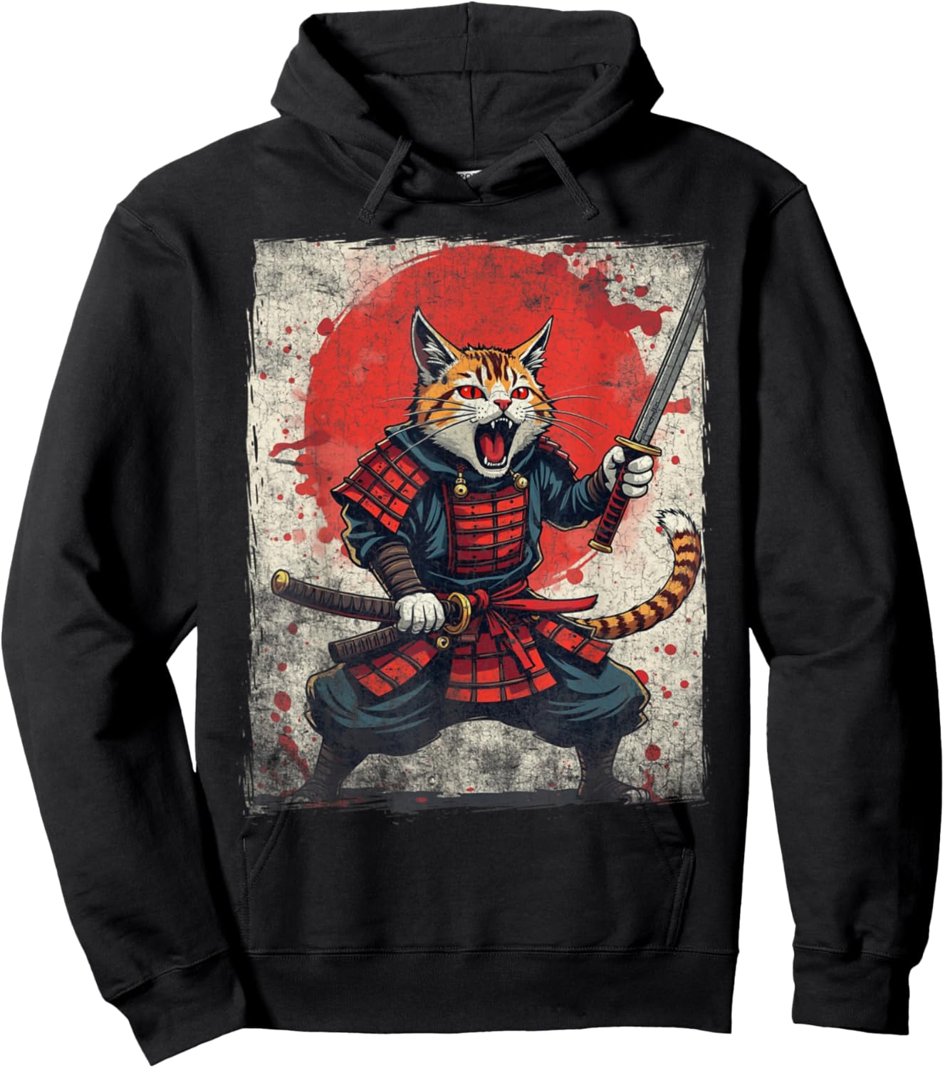 Samurai Cat Ukiyo-e Warrior Art Vintage Ninja Cat Graphic Hoodie - Hoodie | Black