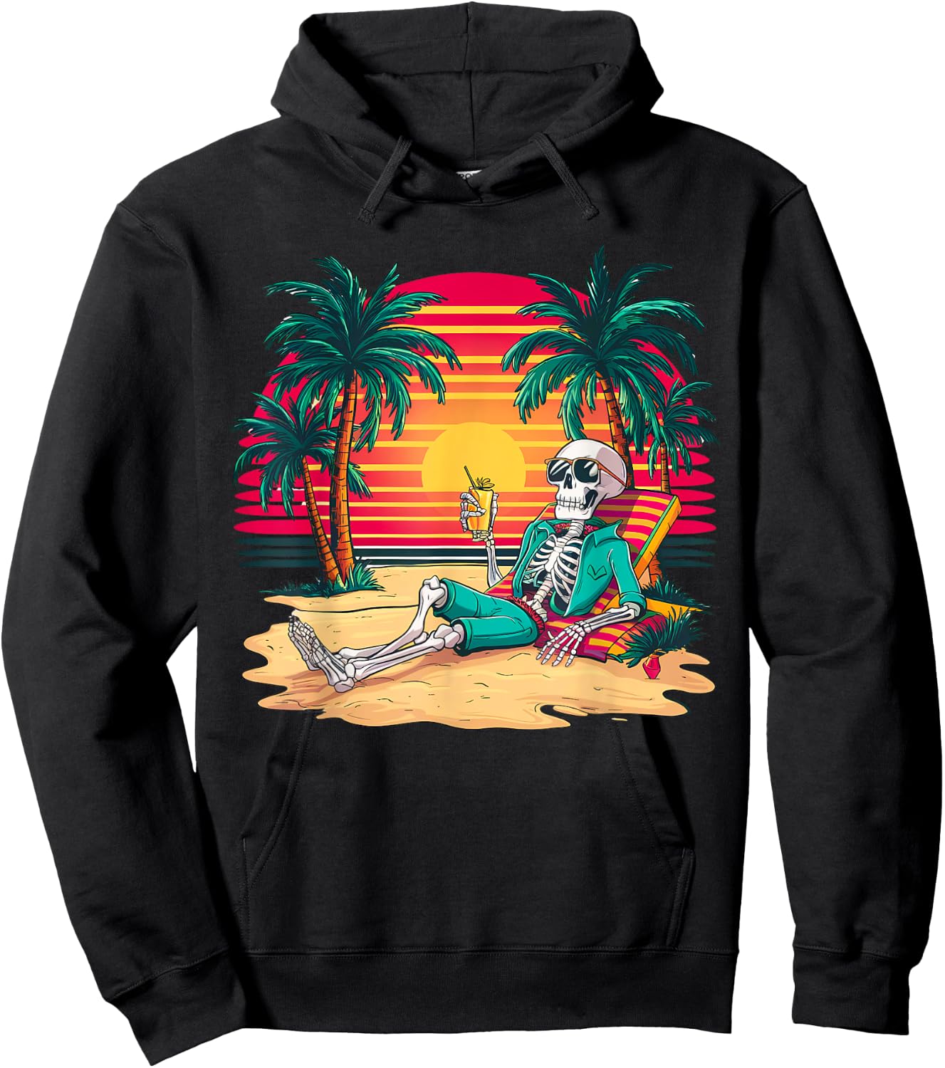 Funny Skeleton On Tropical Island Beach Retro Women Kids Hoodie - Hoodie | Black