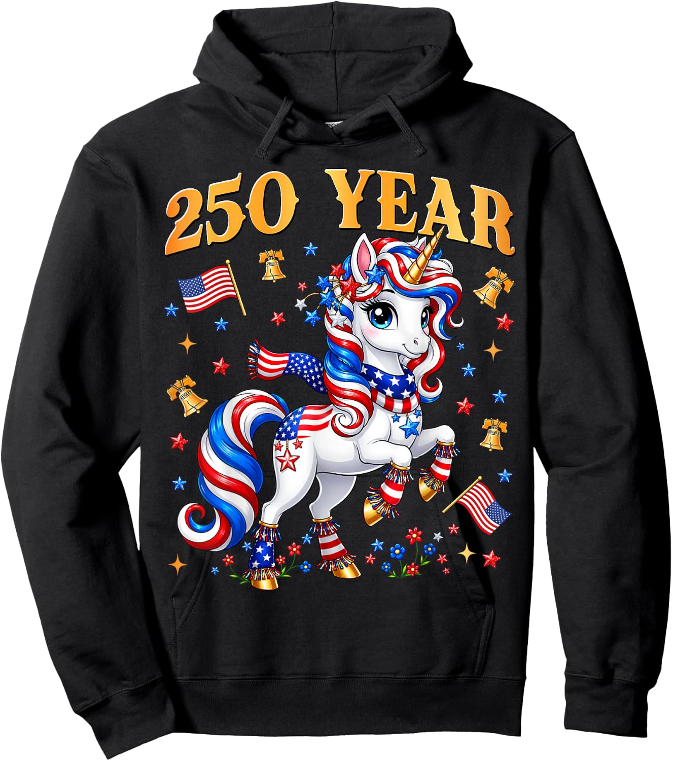 250 Years Girls Kids 250th Anniversary USA Unicorn Patriotic Hoodie - Hoodie | Black