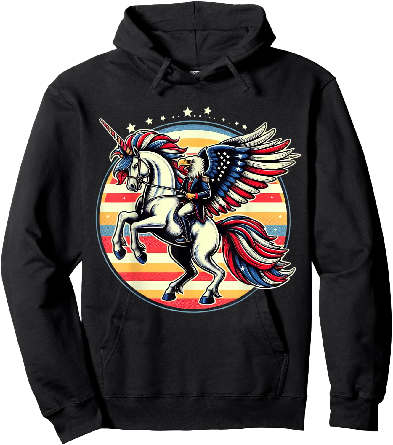Bald Eagle Riding Unicorn 4th Of July American Flag Women Kids Men Hoodie - Hoodie | Black