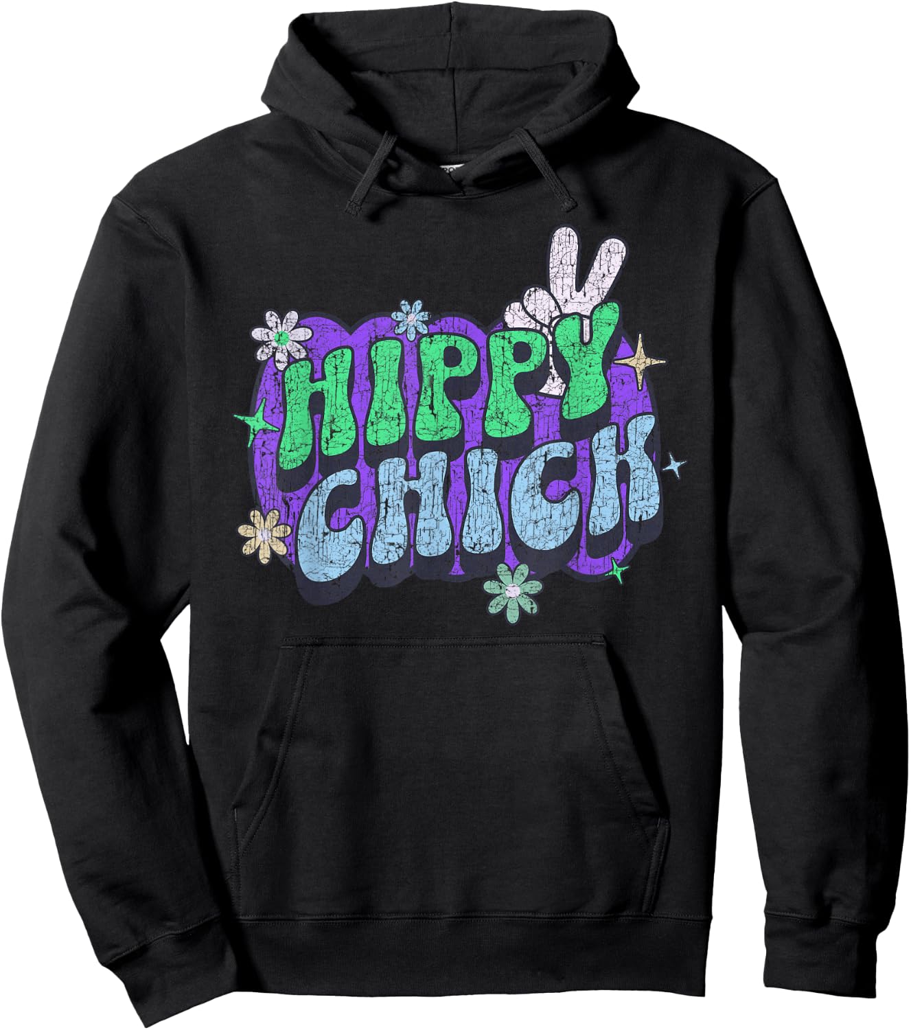 Hippy Chick, Women Girl Cute Retro Saying Hippie Floral Hoodie - Hoodie | Black