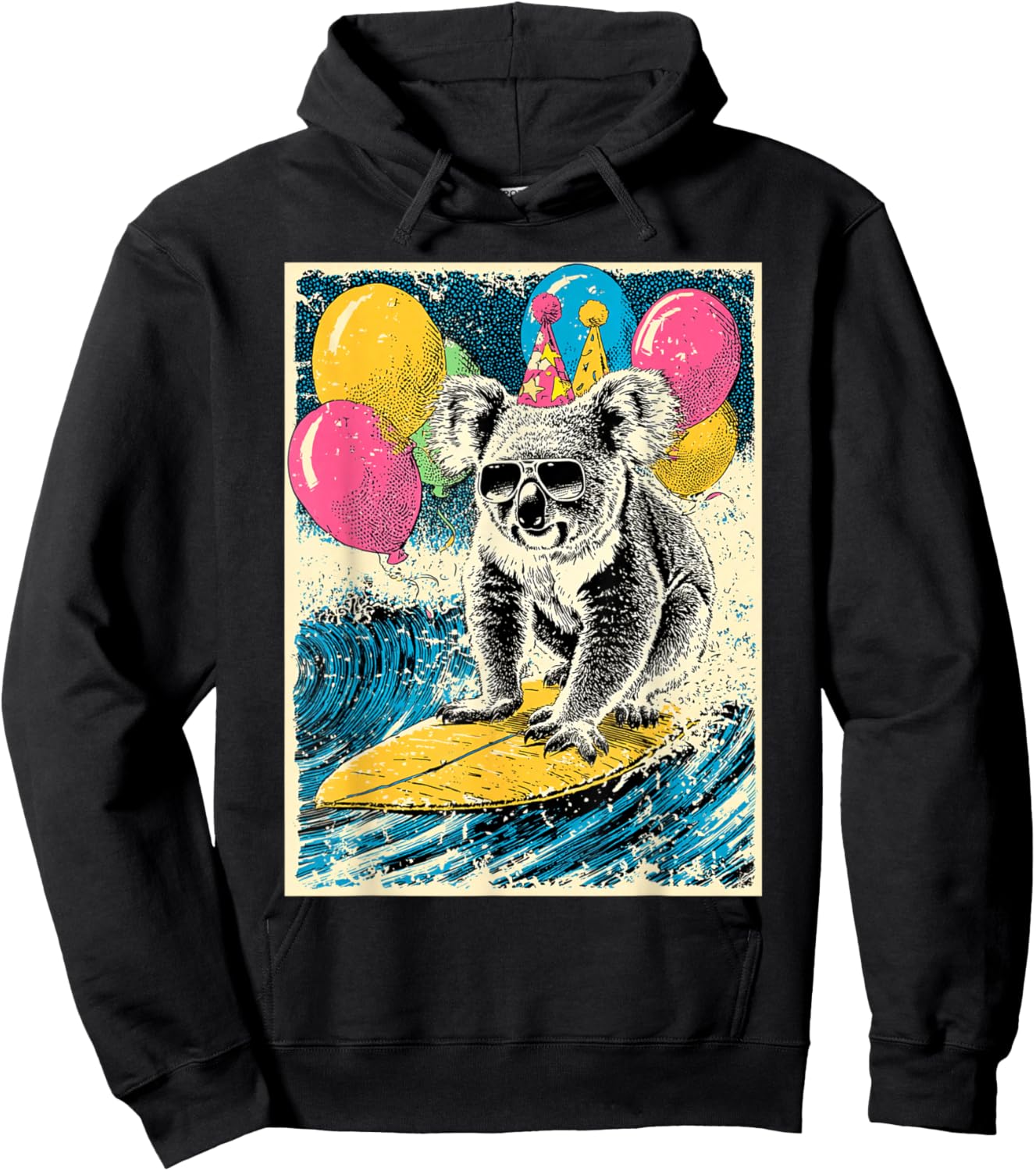 Koala Surfing Birthday Party Themed Balloons Retro Art Hoodie - Hoodie | Black