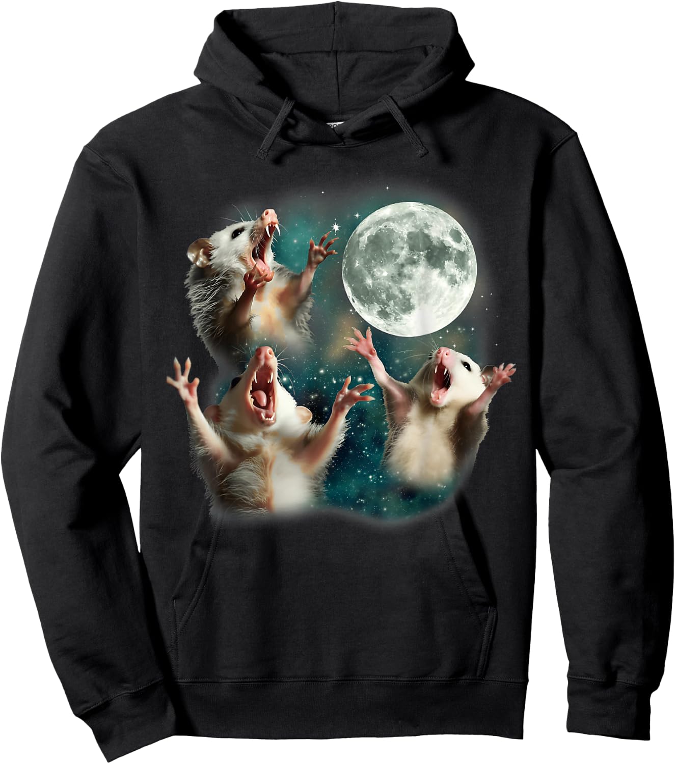 Three Possum Moon 3 Opossum Funny Weird Cursed Dank Meme Hoodie - Hoodie | Black