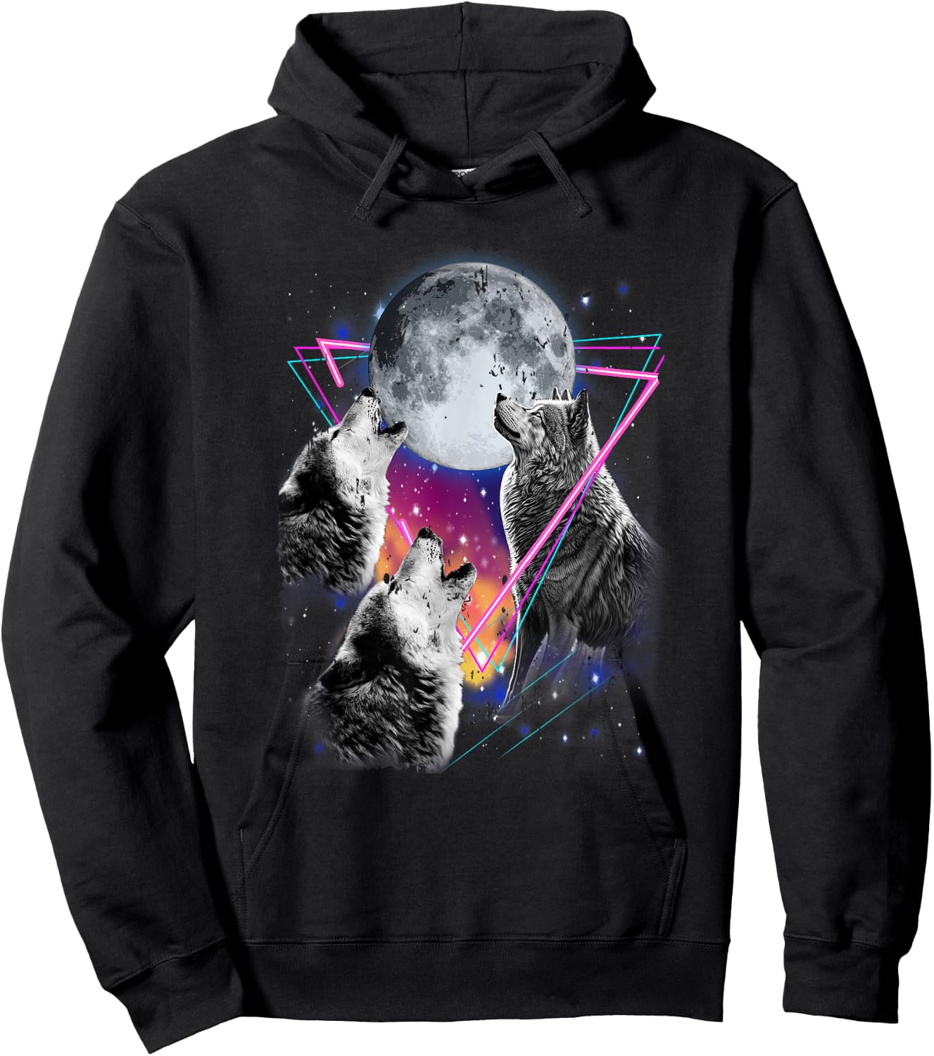 Epic 3 Wolves Howling At Moon 80s Style Wolf Hoodie - Hoodie | Black