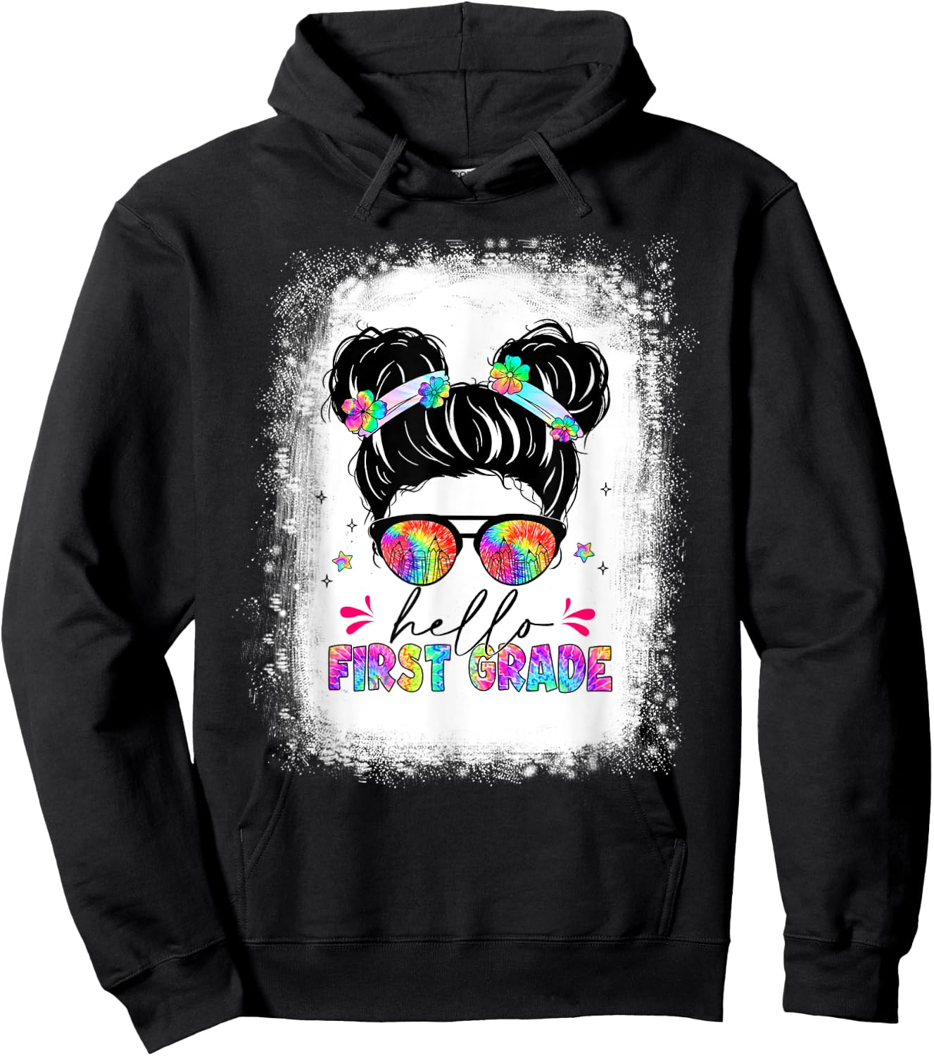Hello First Grade shirt messy bun tie dye back to school Hoodie - Hoodie | Black