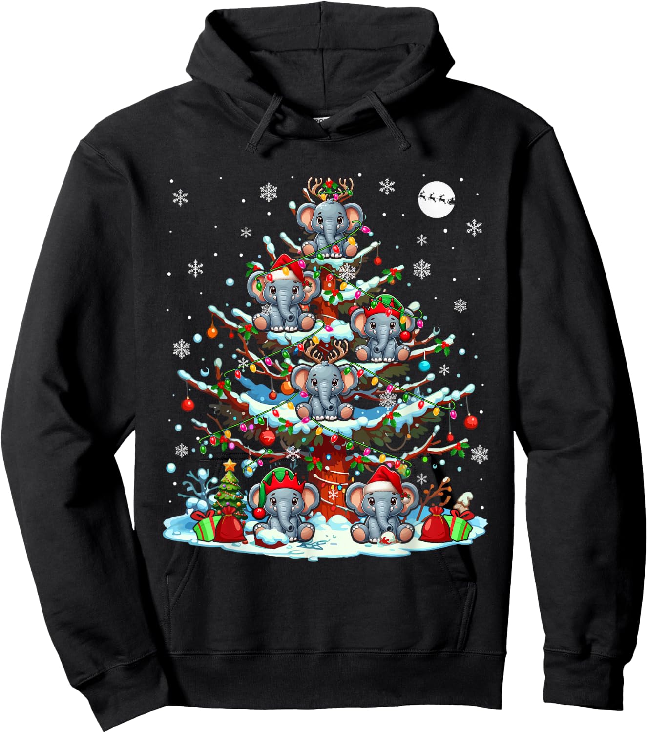 Group Santa Reindeer Elf Elephants On Christmas Tree Hoodie - Hoodie | Black
