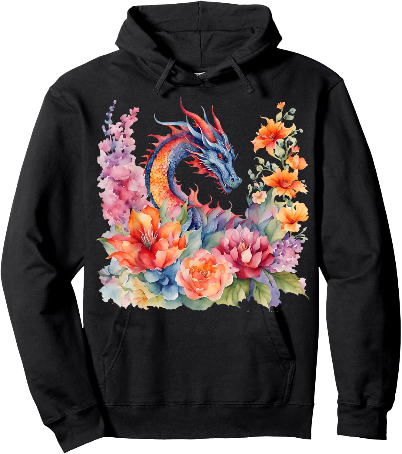 Watercolor Dragon Flowers Beautiful Art Colorful Graphic Hoodie - Hoodie | Black