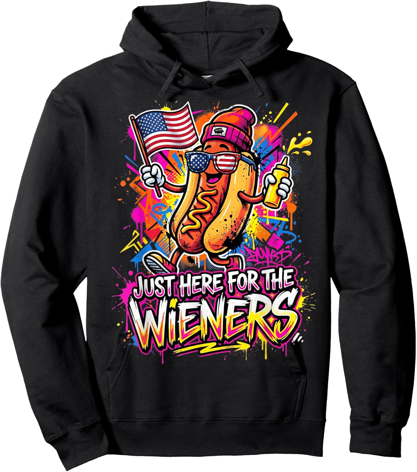 Funny Hot Dog I'm Just Here for The Wieners Fourth of July Hoodie - Hoodie | Black