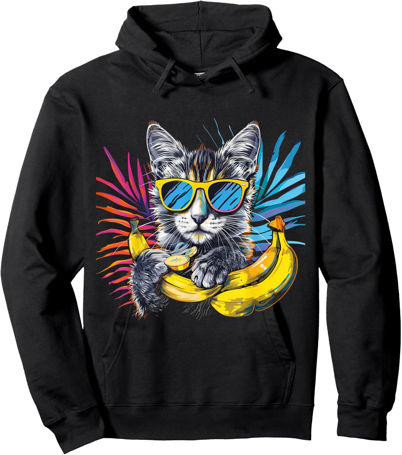 Banana Cat Colourful Sunglasses Artwork Banana Fruits Hoodie - Hoodie | Black