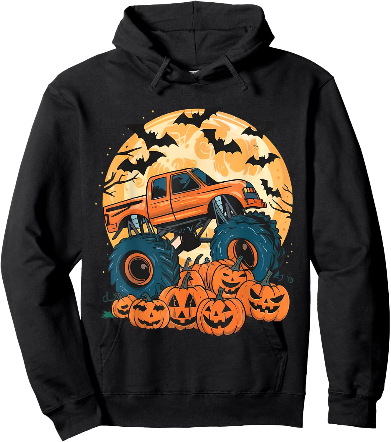 Ghost Truck Moon Pumpkin Toddler Boys Halloween Teens Kids Hoodie - Hoodie | Black