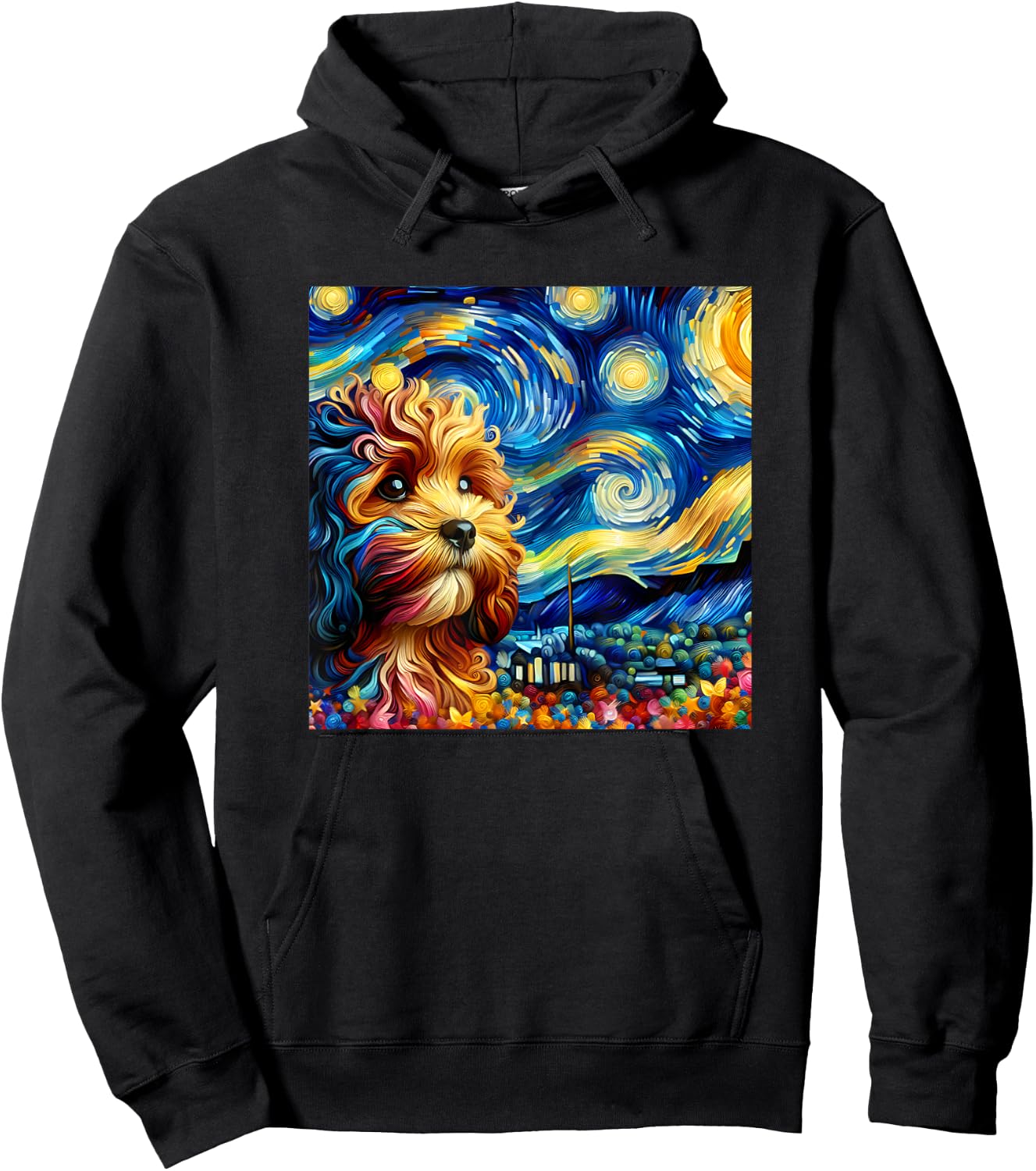 Cute Cavapoo Starry Night Painting Style Dog Art Women Kids Hoodie - Hoodie | Black