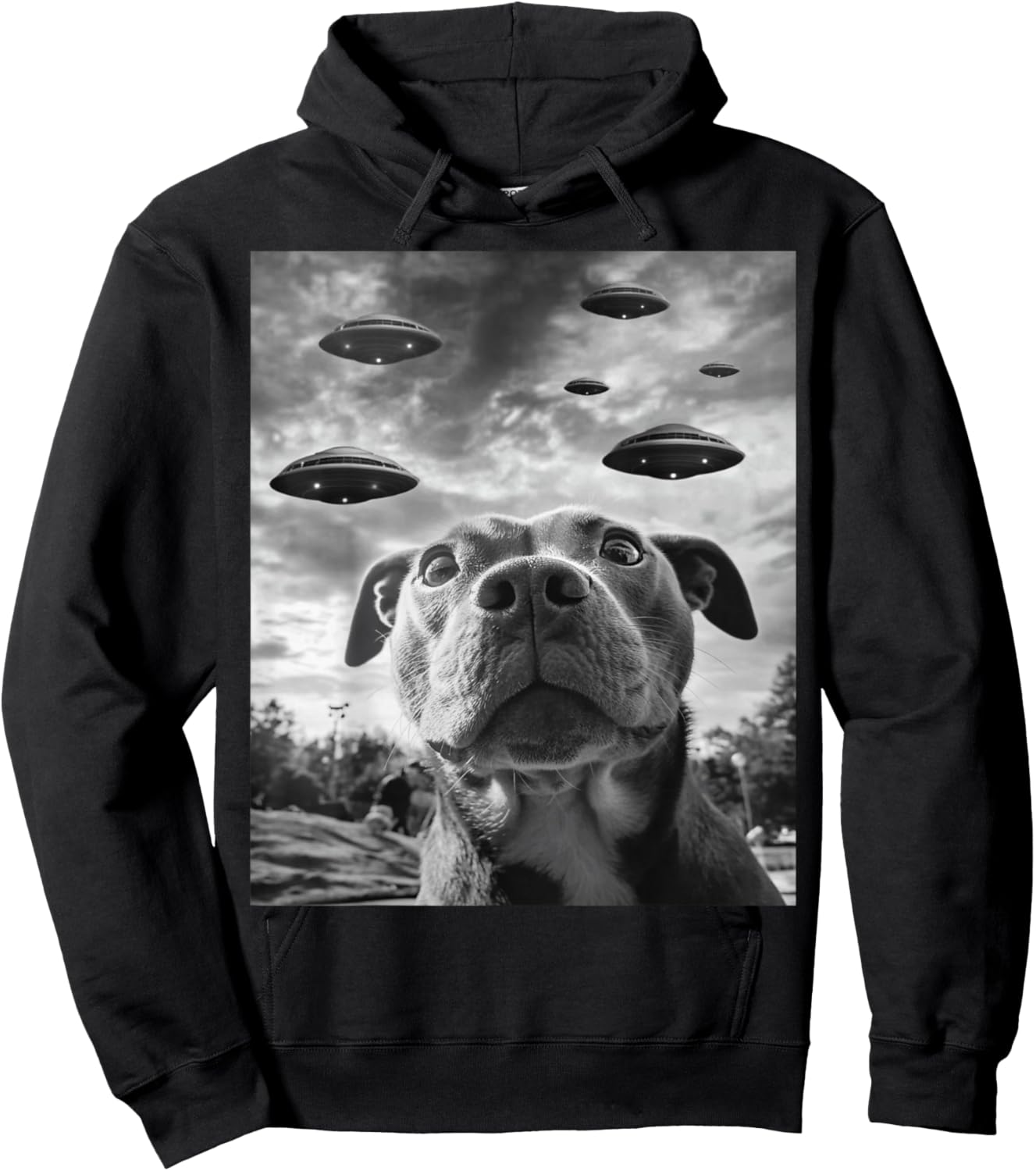 Funny Dog Pitbull Selfie with UFOs Alien Novelty Hoodie - Hoodie | Black