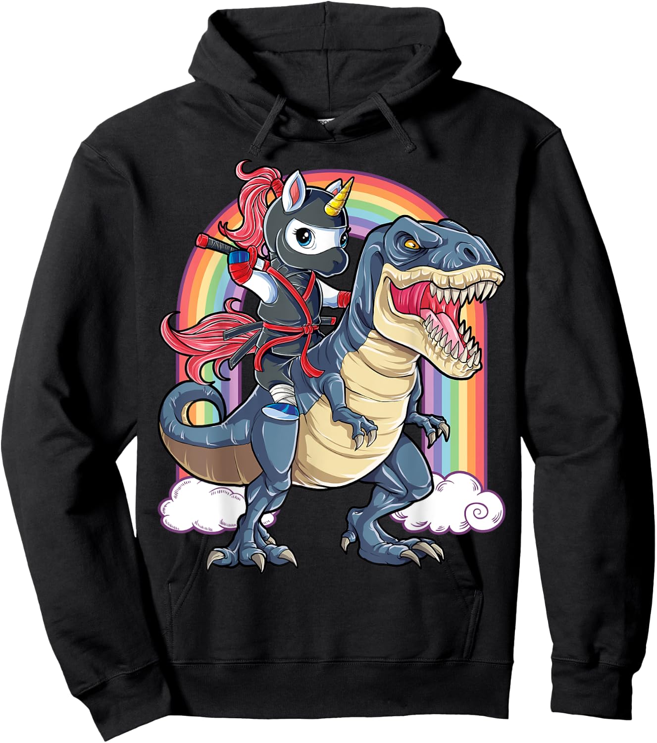 Ninja Unicorn Riding Dinosaur T rex Funny Men Women Rainbow Hoodie - Hoodie | Black