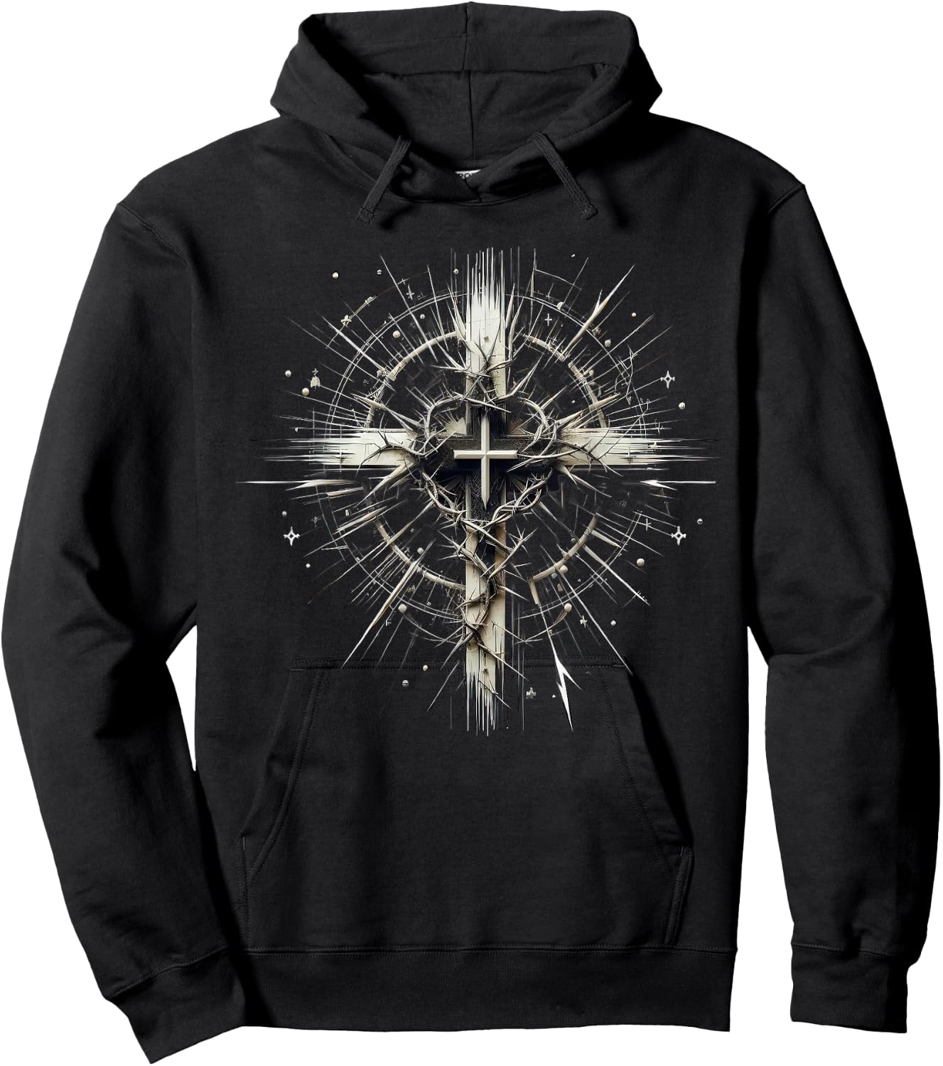 Edgy Punk Art Style Christian Cross Lightning Thorns Grunge Hoodie - Hoodie | Black