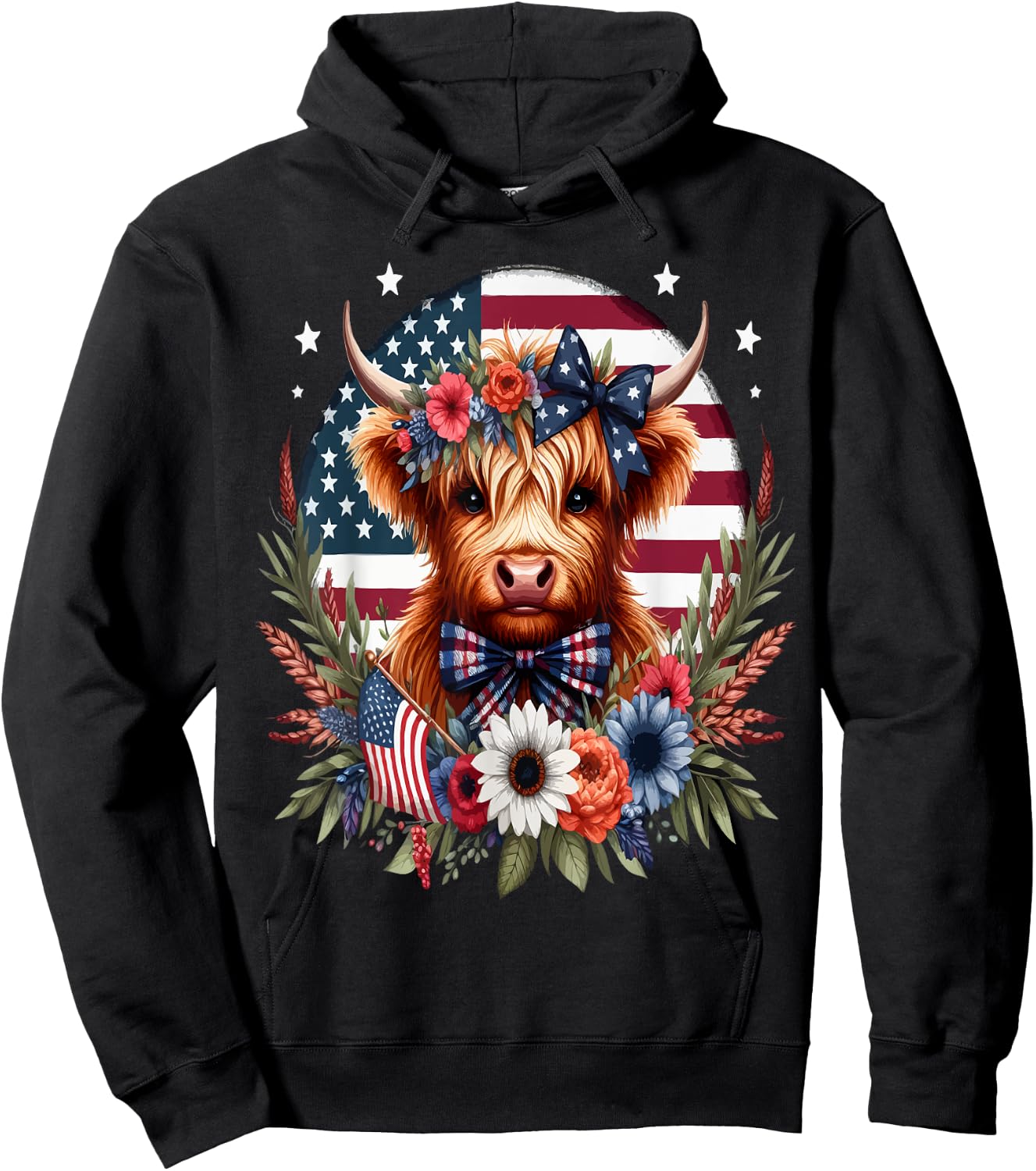 Cute Highland Cow Florals 4th of July USA Flag Patriotic Cow Men Hoodie - Hoodie | Black