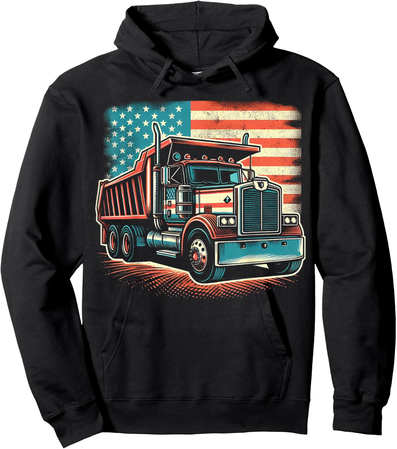 Dump Truck Driver American Flag Trucker Vintage Men Women Hoodie - Hoodie | Black