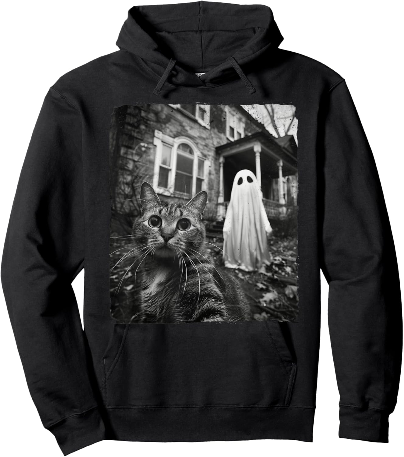 Funny Cat Selfie Ghost Halloween House Photo Haunted Spooky Women Kids Hoodie - Hoodie | Black