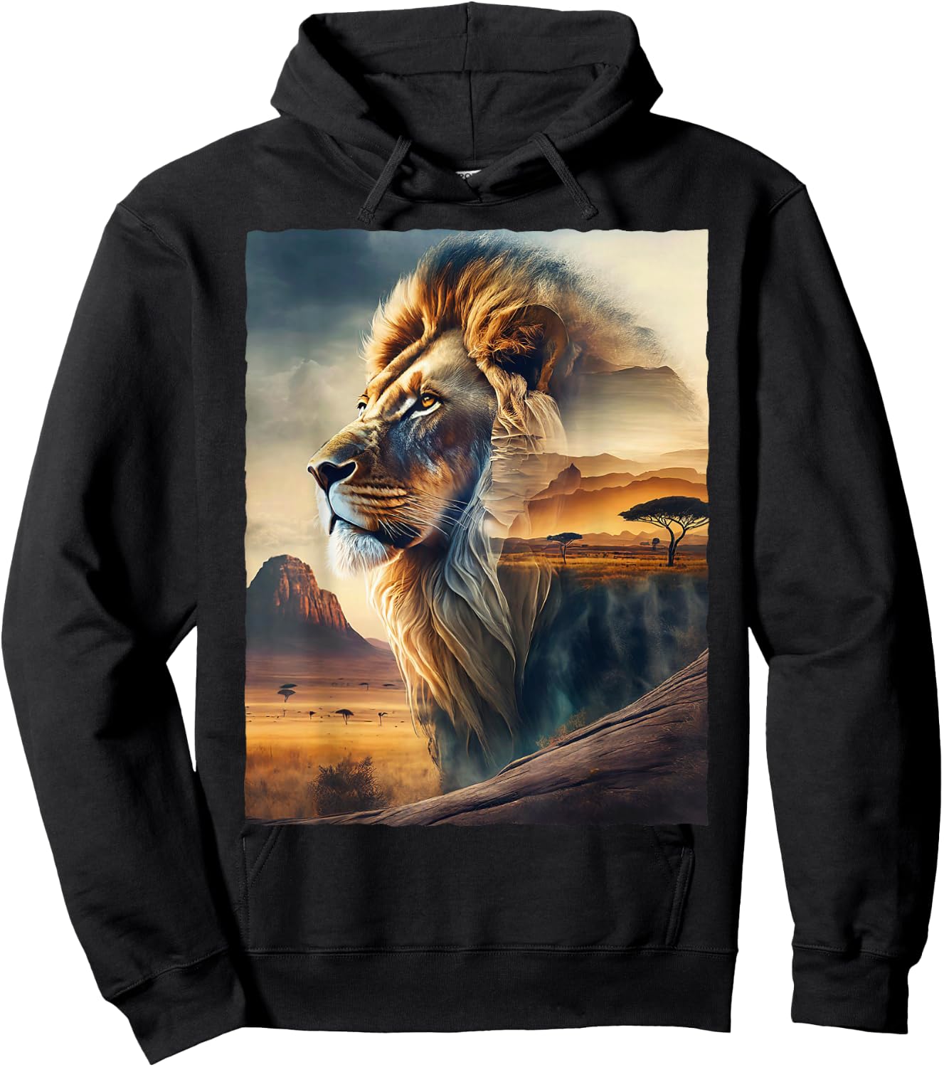 Lion and African Landscape Hoodie - Hoodie | Black