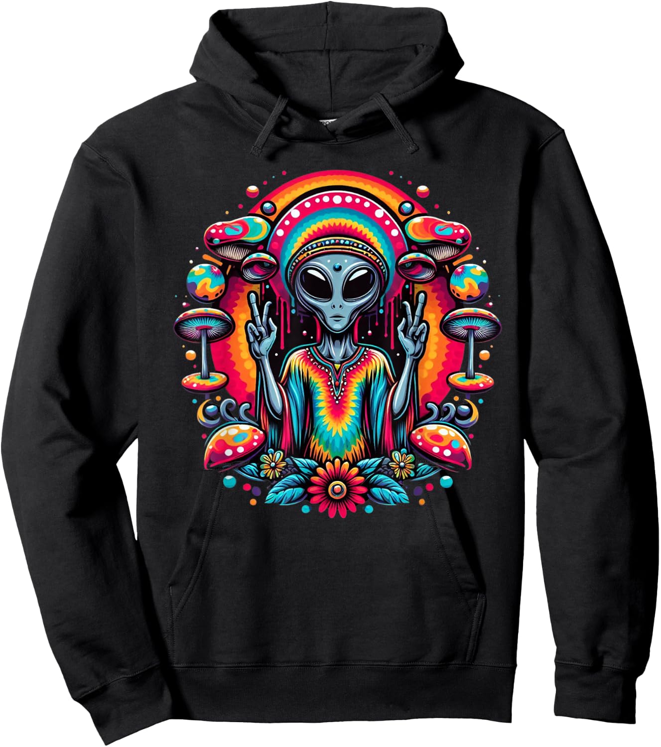 Tie Dye Alien Peace Sign Funny Boho Hippie Hoodie - Hoodie | Black