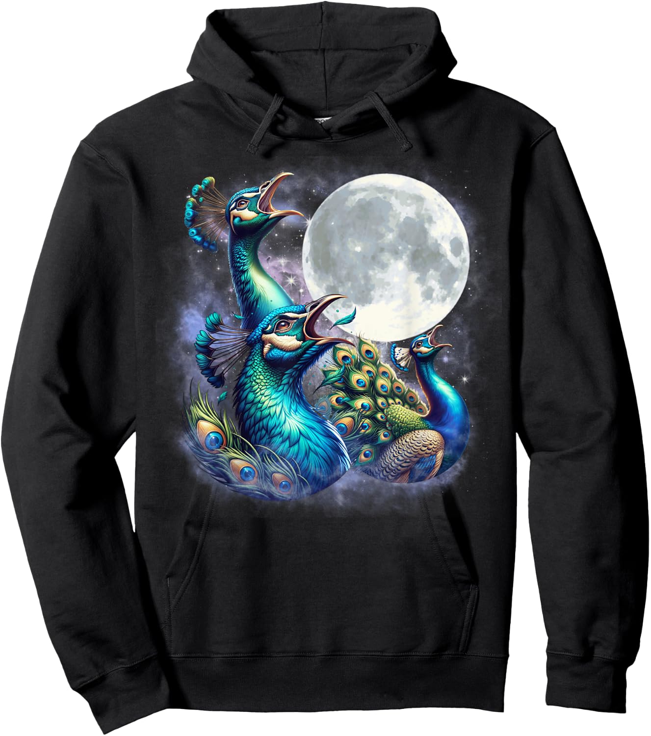 Three Peacocks Moon Funny Peacock Howling Wolfs Moon Parody Hoodie - Hoodie | Black