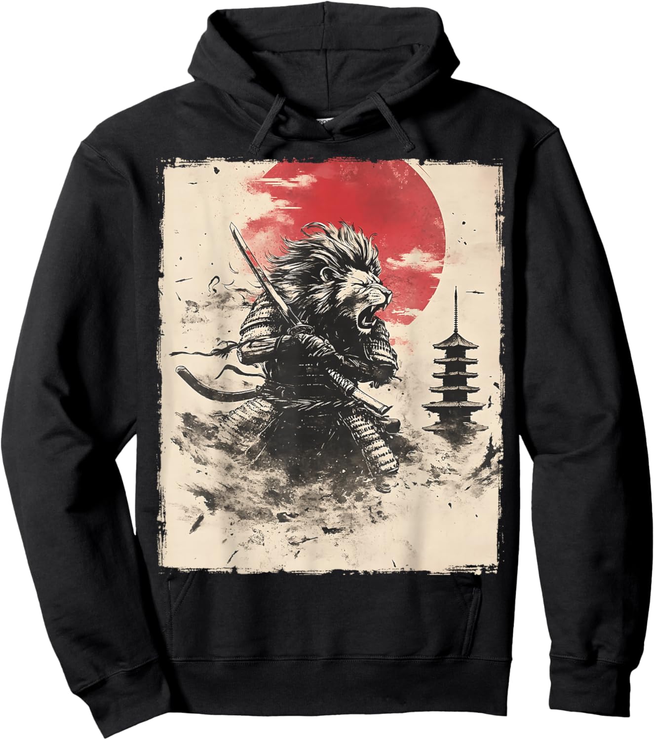 Samurai Lion Japanese Funny Vintage Ukiyo-e Art Hoodie - Hoodie | Black