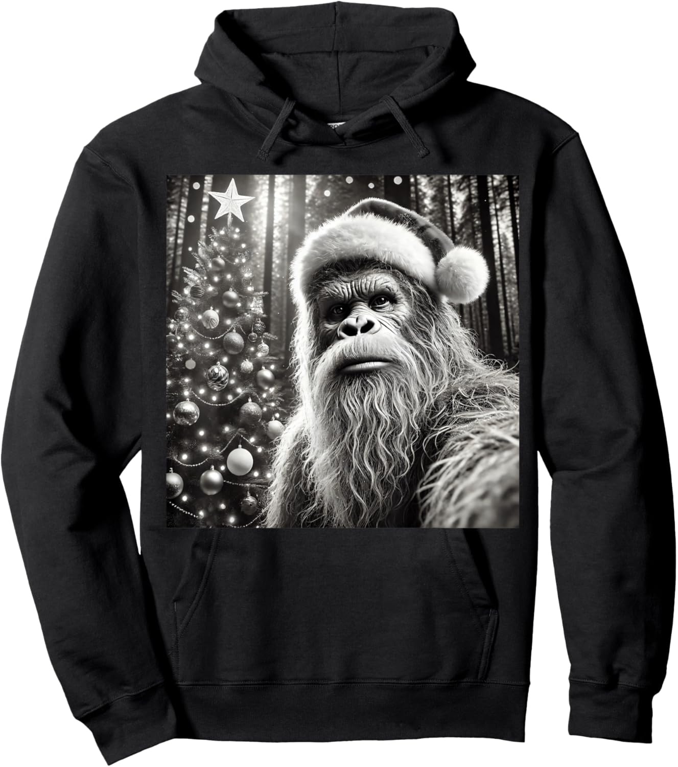 Funny Christmas Bigfoot -Adults Bigfoot Selfie with Christmas Tree Funny Sasquatch Design Black Short Sleeve Small Hoodie - Hoodie | Black