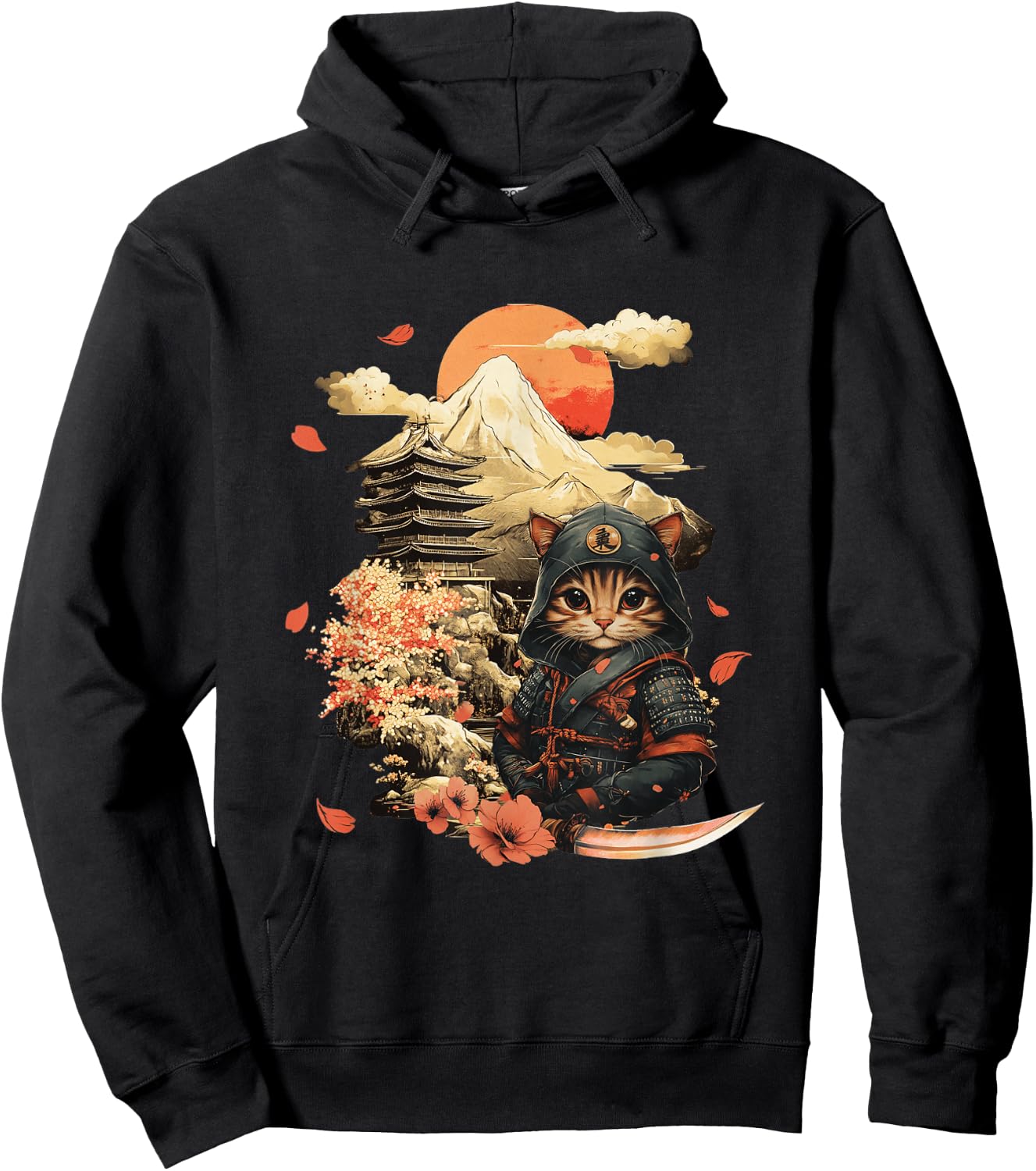 Vintage Japanese Samurai Ninja Cat Tattoo Kawaii Hoodie - Hoodie | Black
