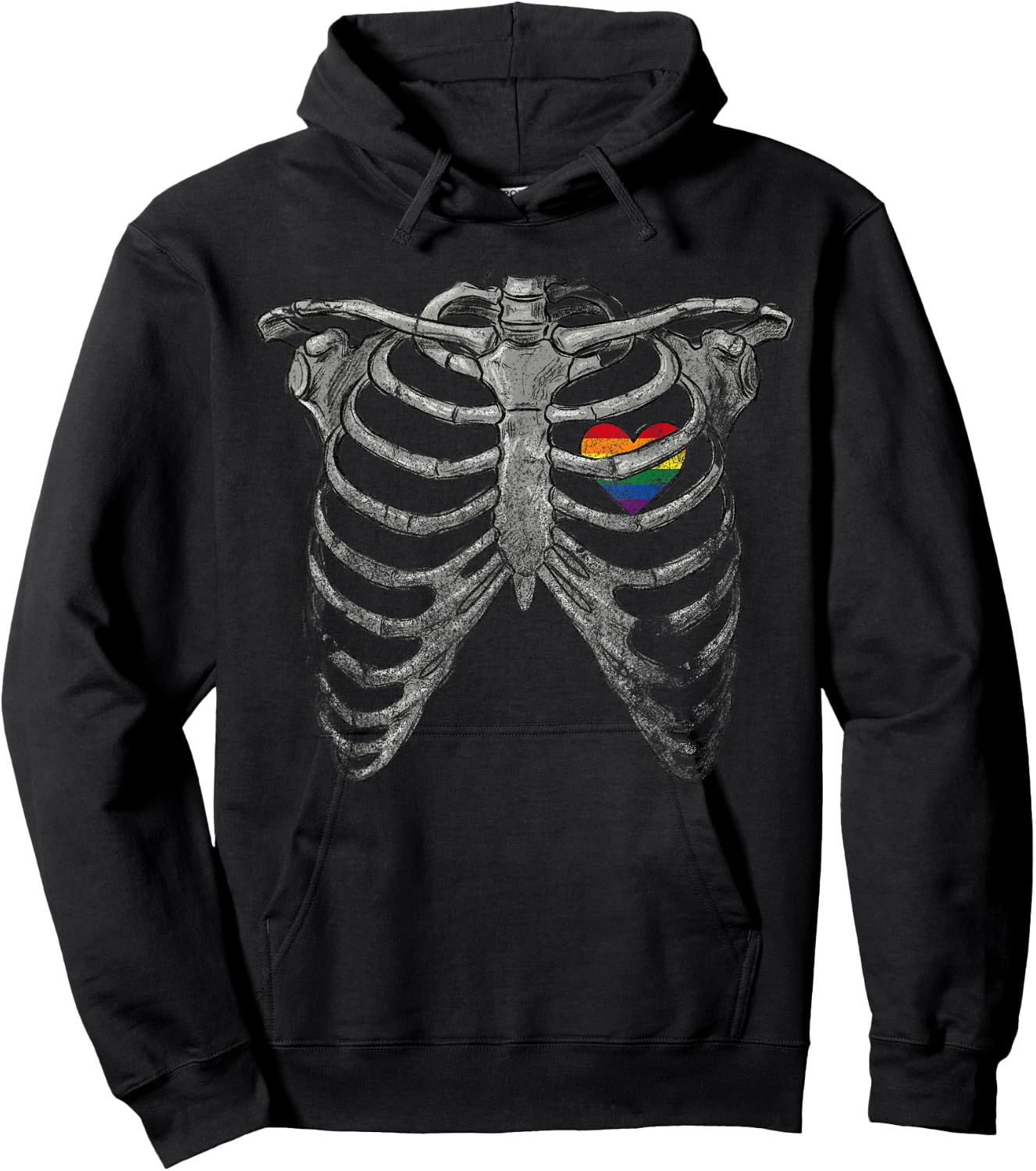 Rainbow Heart Pride Month Rib-Cage Skeleton LGBTQ Gay Les Bi Hoodie - Hoodie | Black