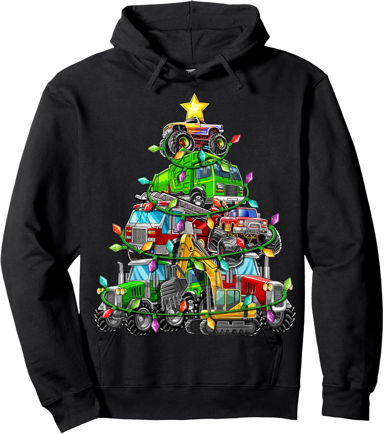 Christmas Tree Monster Truck Tractor Excavator Firetruck Boy Hoodie - Hoodie | Black