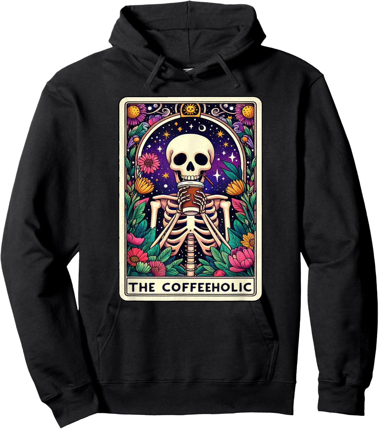 Funny Coffee Lover, Tarot Card Coffeeholic Skeleton Graphic Hoodie - Hoodie | Black
