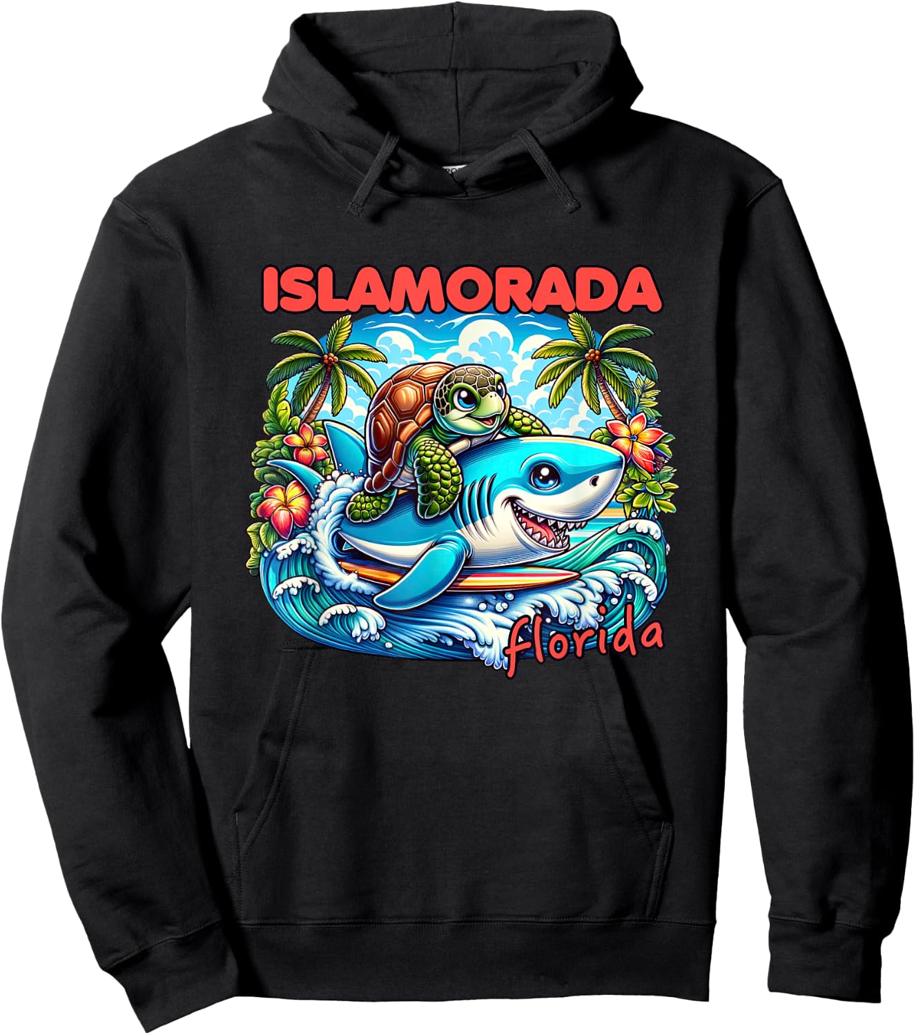 Islamorada Florida Beach Turtle and Shark Hoodie - Hoodie | Black