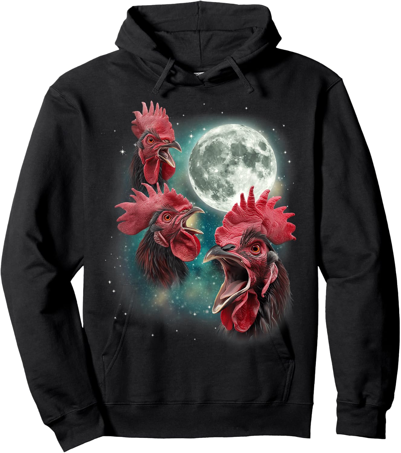 Three Rooster Moon | 3 Chickens Cluck At Moon Cursed Farm Hoodie - Hoodie | Black