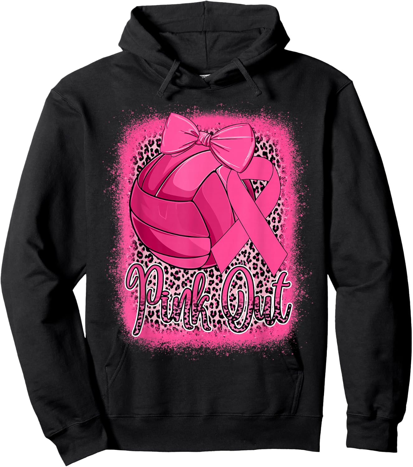Pink Out Breast Cancer Awareness Volleyball Leopard Bleached Hoodie - Hoodie | Black