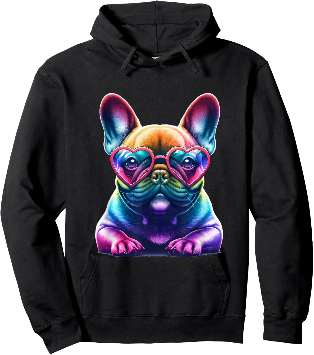 Rainbow Frenchie Wearing Heart Glasses Puppy Love Dog Funny Hoodie - Hoodie | Black