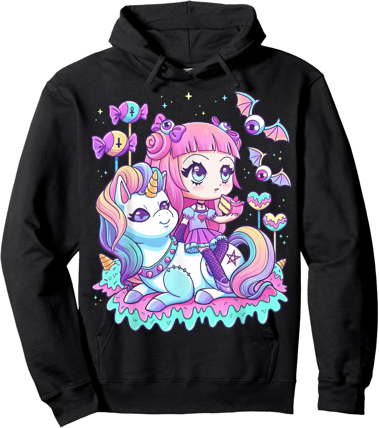 Pastel Goth Cute Creepy Girl Unicorn Kawaii Menhera Witchy Hoodie - Hoodie | Black