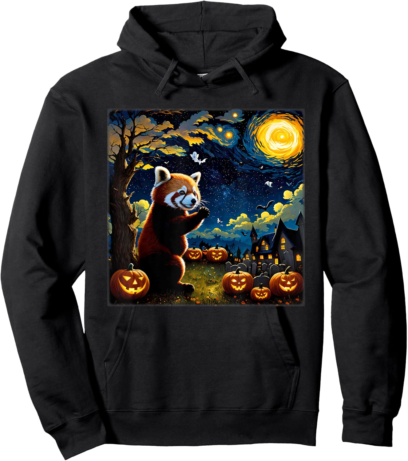Spooky Halloween Red Panda Starry Night Hoodie - Hoodie | Black
