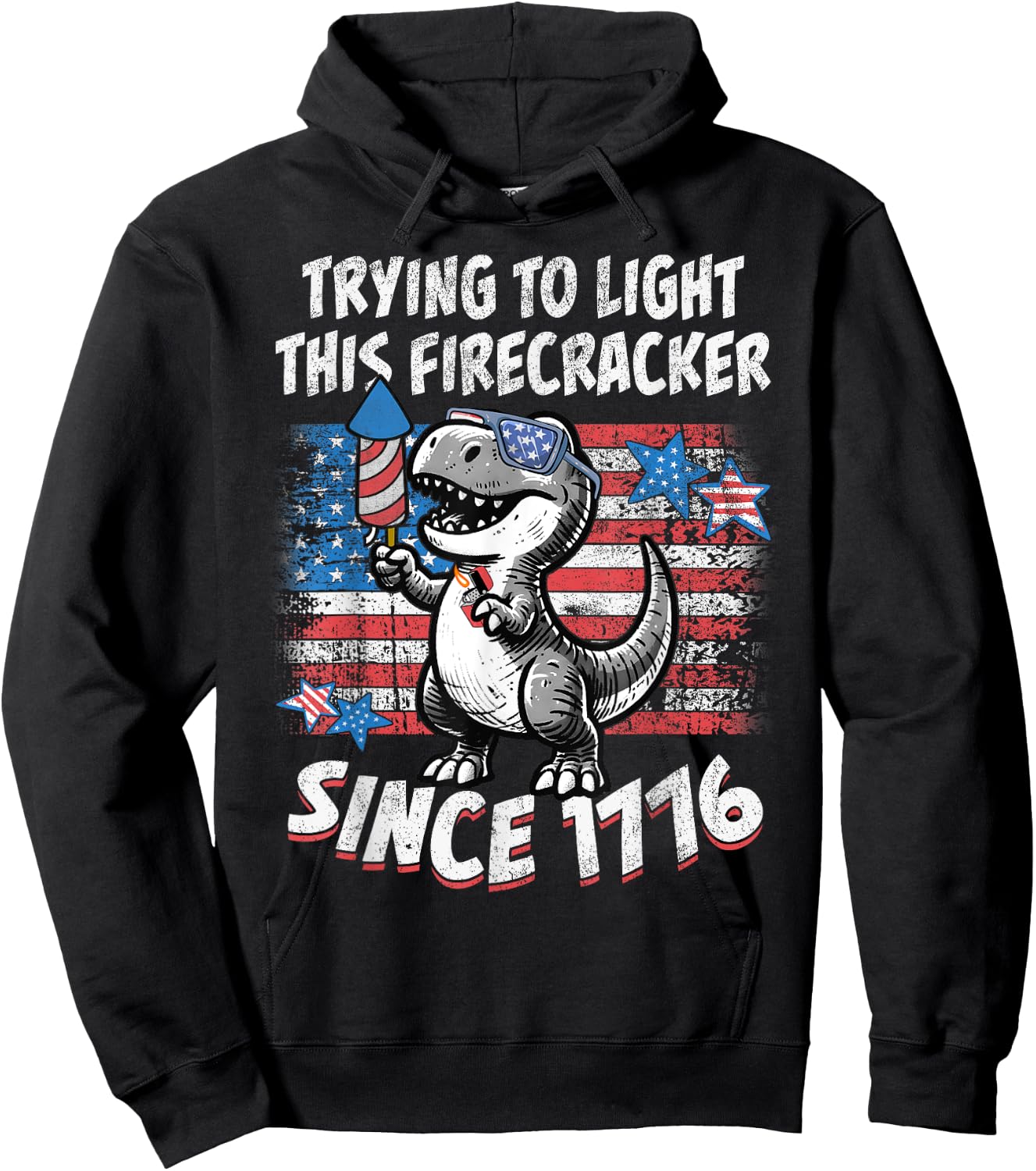 Funny Dino American Flag Firework T Rex Dinosaur 4th of July Hoodie - Hoodie | Black
