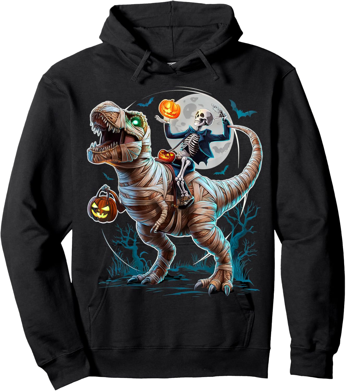 Skeleton Riding Mummy Pumpkin T Rex Dinosaur Funny Halloween Hoodie - Hoodie | Black