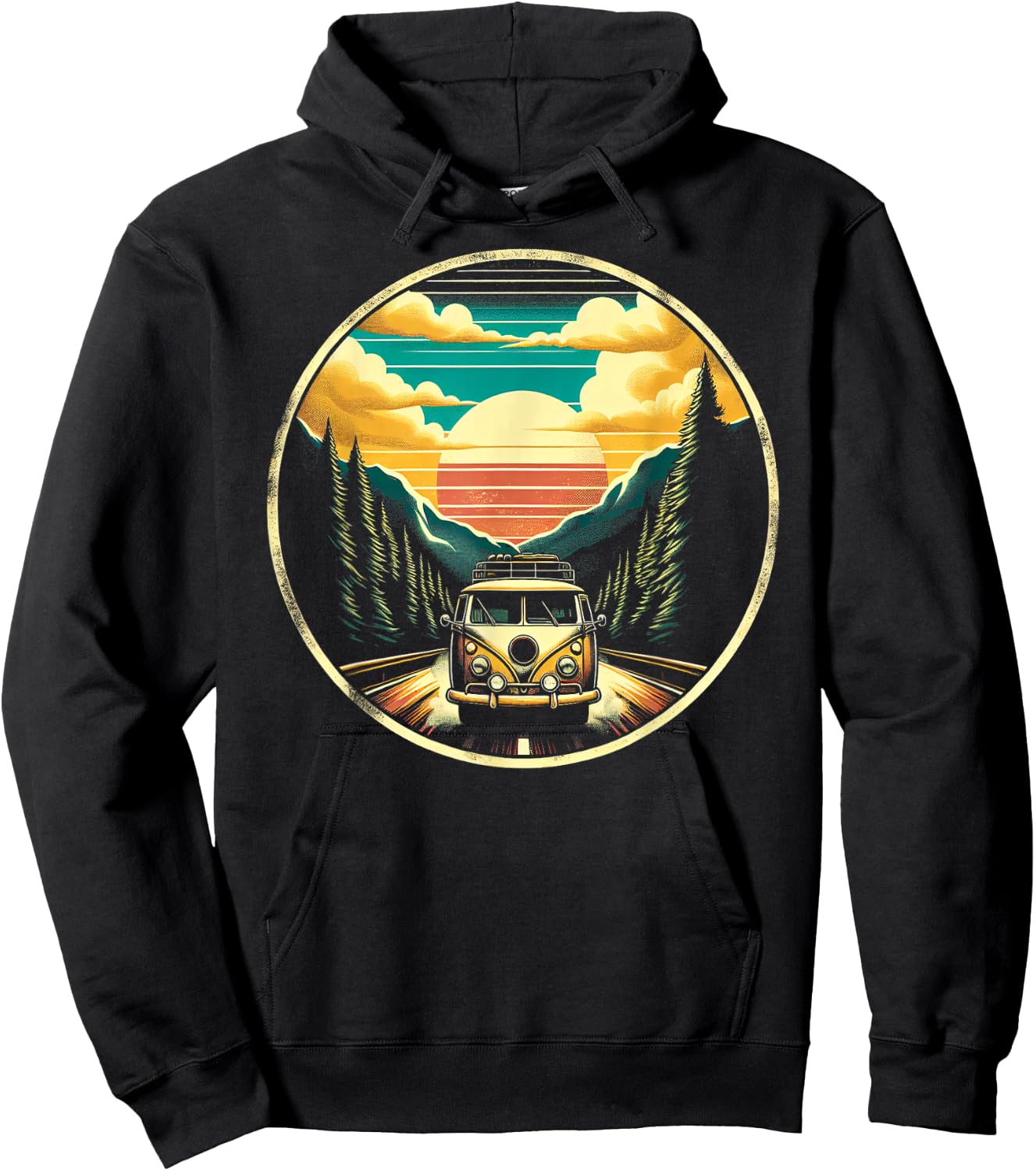 Wanderlust Wonders Retro Van Scenic Adventure , Small, Black Hoodie - Hoodie | Black