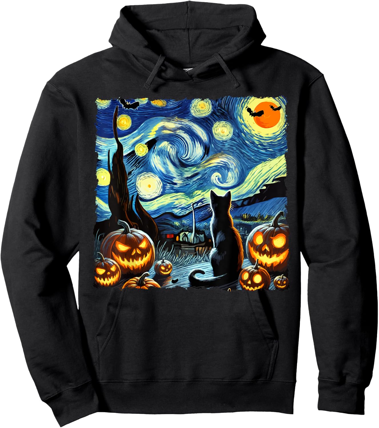 Halloween Van Gogh Starry Night Black Cat Men Women Kids Hoodie - Hoodie | Black
